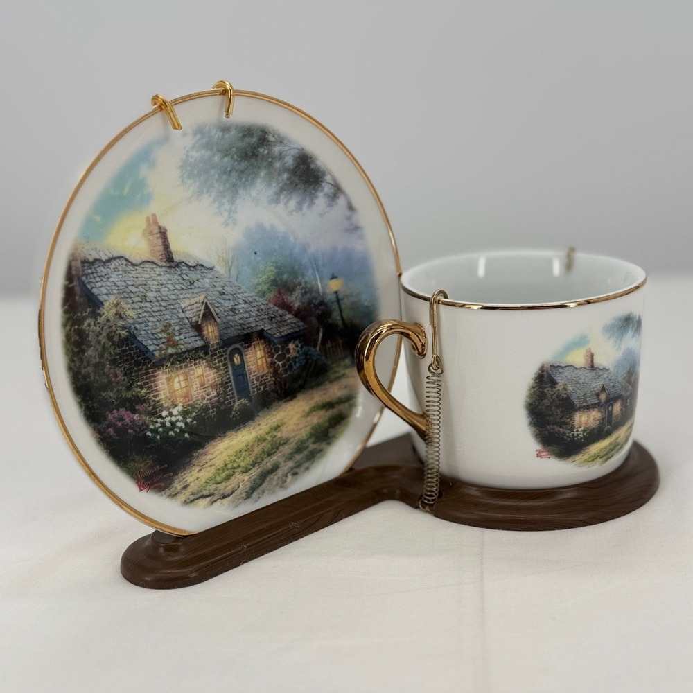 Thomas Kinkade Moonlight Cottage Teleflora Miniature Tea Cup Saucer Set Display - Picture 6 of 13